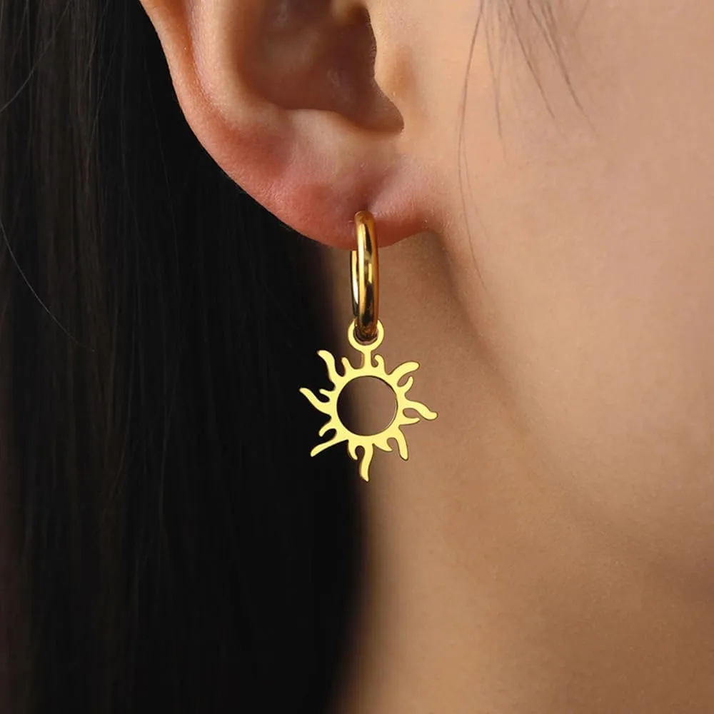 Sun Pendant Hoop Earrings for Women Stainless Steel Sun Dangle Earrings Gold Silver Sunshine Drop Earrings Jewelry