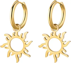 Sun Pendant Hoop Earrings for Women Stainless Steel Sun Dangle Earrings Gold Silver Sunshine Drop Earrings Jewelry