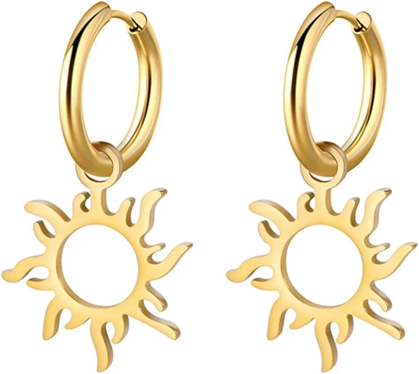 Sun Pendant Hoop Earrings for Women Stainless Steel Sun Dangle Earrings Gold Silver Sunshine Drop Earrings Jewelry