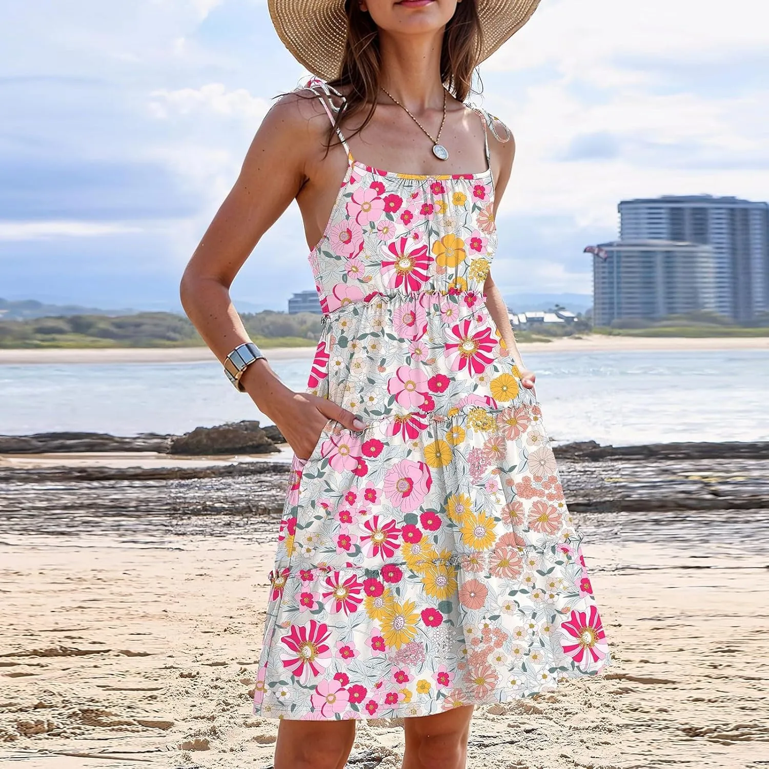 Sundresses for Women 2025 Floral Tiered Mini Skater Dress Cute Summer Spaghetti Strap Flowy Babydoll Sun Dress