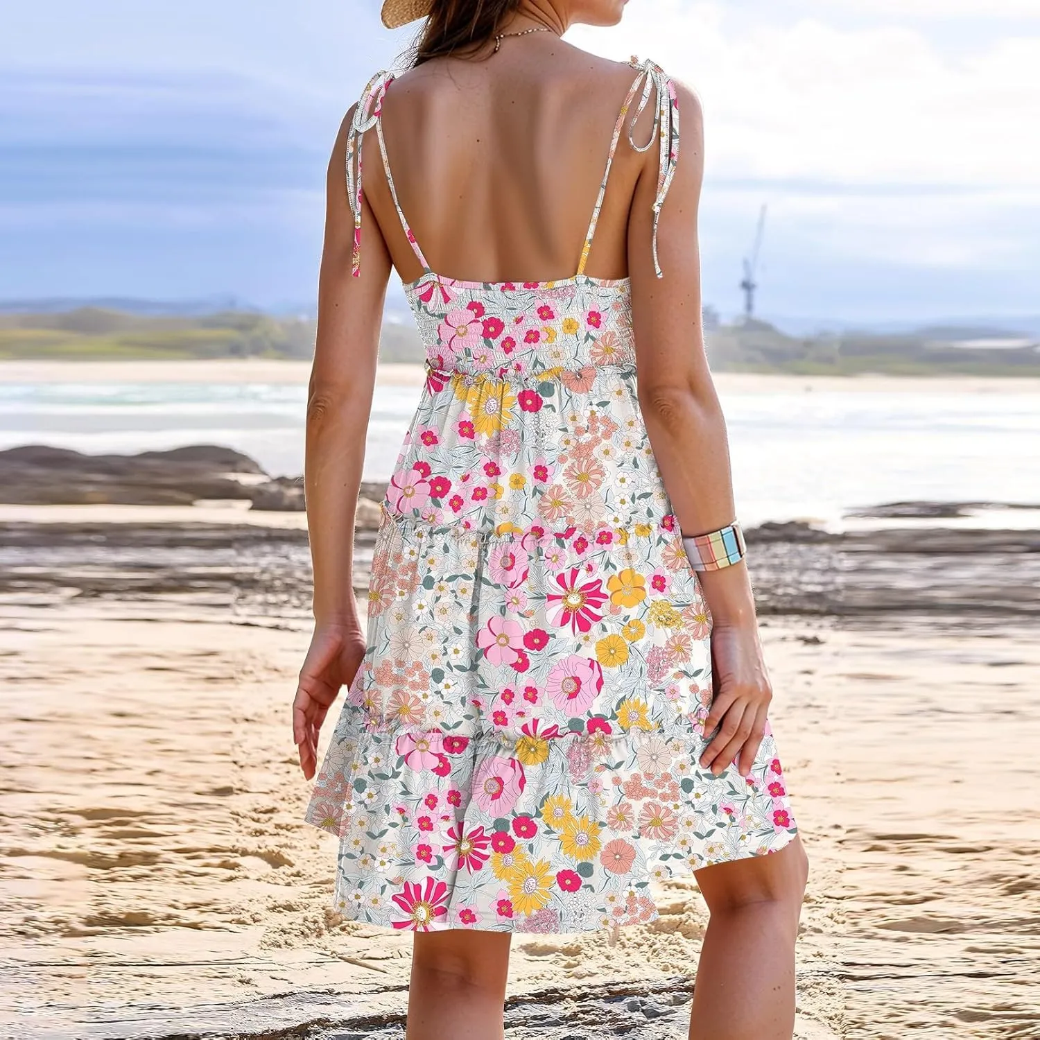 Sundresses for Women 2025 Floral Tiered Mini Skater Dress Cute Summer Spaghetti Strap Flowy Babydoll Sun Dress