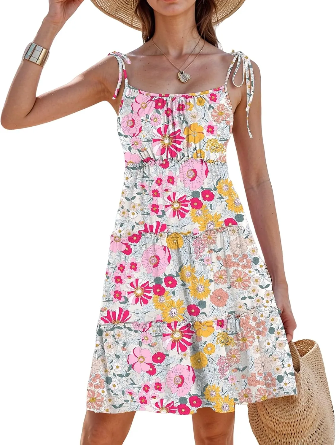 Sundresses for Women 2025 Floral Tiered Mini Skater Dress Cute Summer Spaghetti Strap Flowy Babydoll Sun Dress