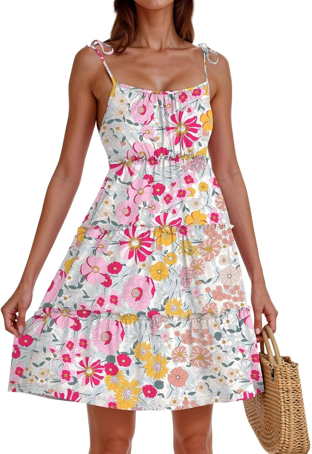 Sundresses for Women 2025 Floral Tiered Mini Skater Dress Cute Summer Spaghetti Strap Flowy Babydoll Sun Dress