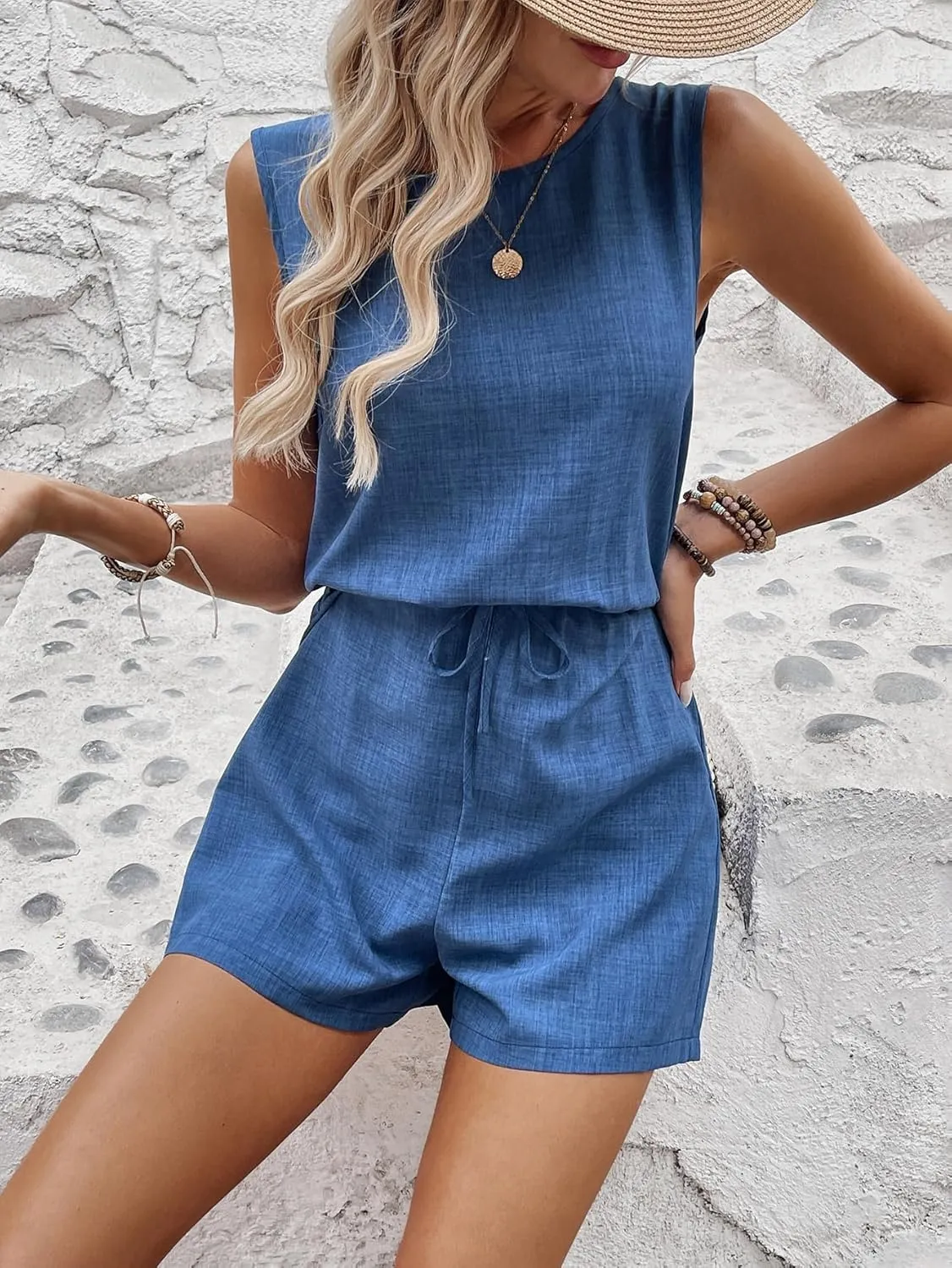 SweatyRocks Women's Casual Short Jumpsuits Summer Scoop Neck Rompers Sleeveless Tank Tops