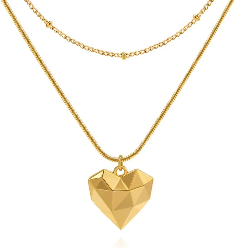 SWEET DIARY Heart Pendant Necklace,Heart Necklaces for Women,18K Gold Plated Layered Necklace, Handmade Diamond Heart Pendant Necklace Chain Gold Necklaces Gift for Women Necklace Jewelry
