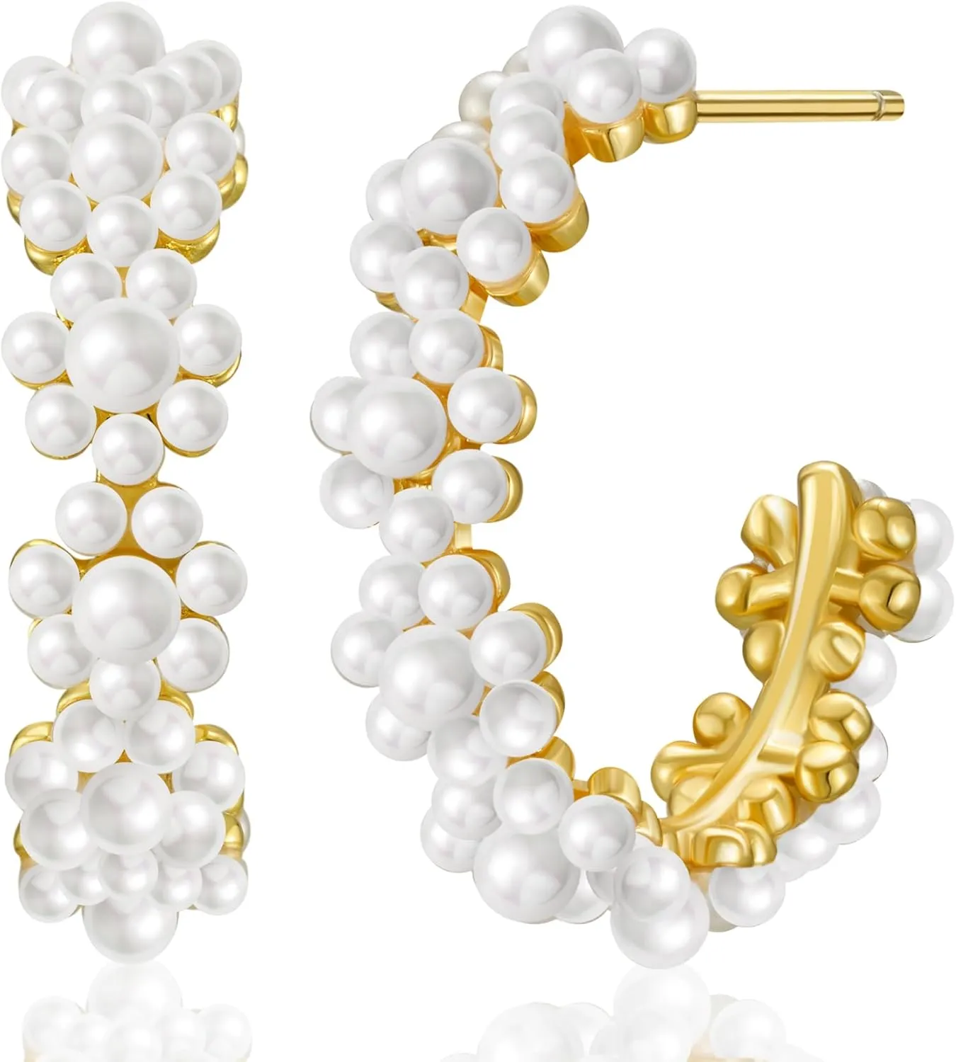 SWEETV Pearl Earrings for Women, 14K Gold Plated Small Pearl Hoop Earrings, Open Huggie Stud Earrings Jewelry Gift for Women Girls