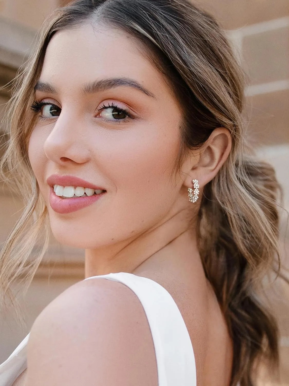 SWEETV Pearl Earrings for Women, 14K Gold Plated Small Pearl Hoop Earrings, Open Huggie Stud Earrings Jewelry Gift for Women Girls