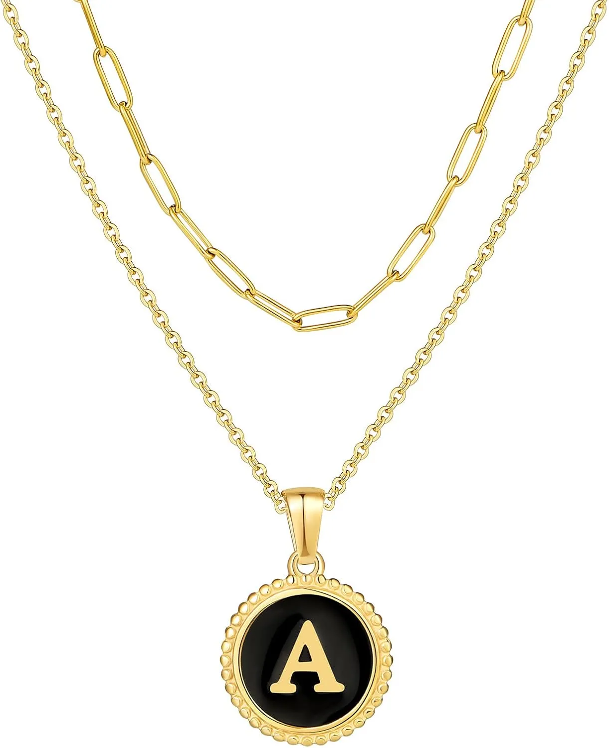T400 Layered Gold Initial Necklaces for Women Paperclip Chain Letter Pendant Chokers Jewelry (A)