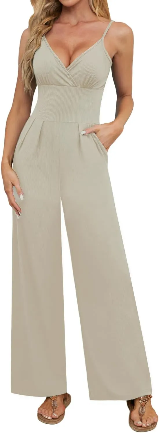 Tanou Womens Summer Casual Jumpsuits Spaghetti Straps Wide Leg Rompers V Neck High Waist Sleeveless Outfits with Pockets