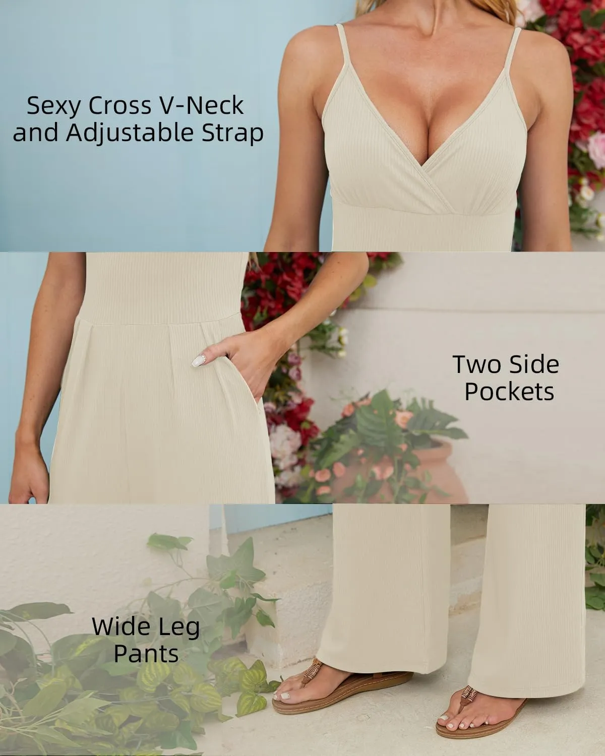 Tanou Womens Summer Casual Jumpsuits Spaghetti Straps Wide Leg Rompers V Neck High Waist Sleeveless Outfits with Pockets