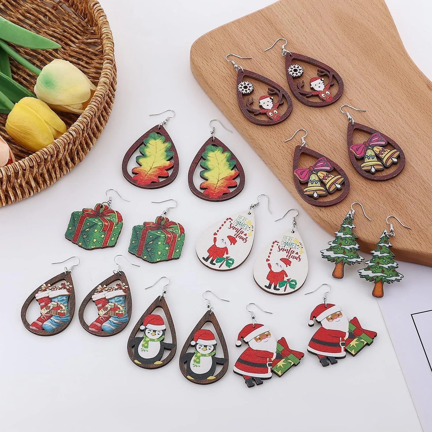 Taouzi Wooden Earrings for Women Holiday Party Favors Jewelry Printing Wood Teardrop Dangle Earrings for Women