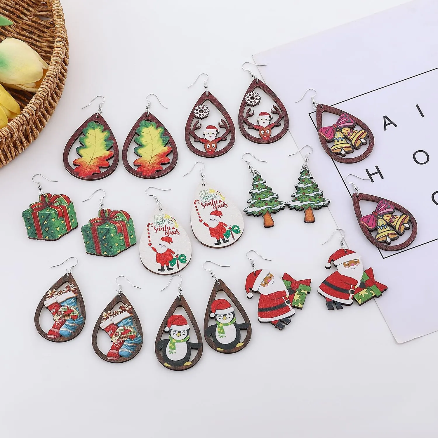 Taouzi Wooden Earrings for Women Holiday Party Favors Jewelry Printing Wood Teardrop Dangle Earrings for Women