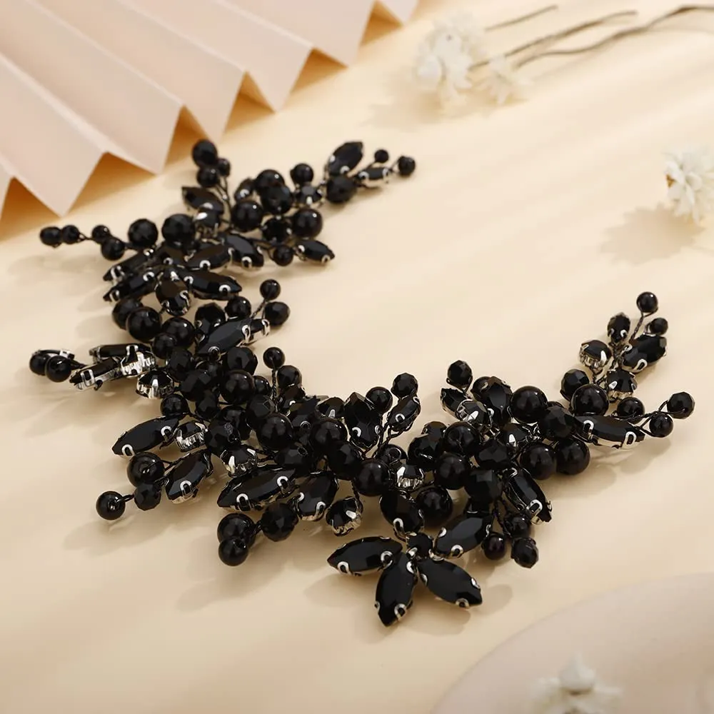 Teyglen Dainty Flower Black Rhinestones Crystal Headband Bride Wedding Pearls Headband Hair Vine Luxurious Hair Accessories Shiny Bridal Headpieces for Women Girls (Black)