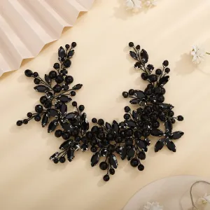 Teyglen Dainty Flower Black Rhinestones Crystal Headband Bride Wedding Pearls Headband Hair Vine Luxurious Hair Accessories Shiny Bridal Headpieces for Women Girls (Black)