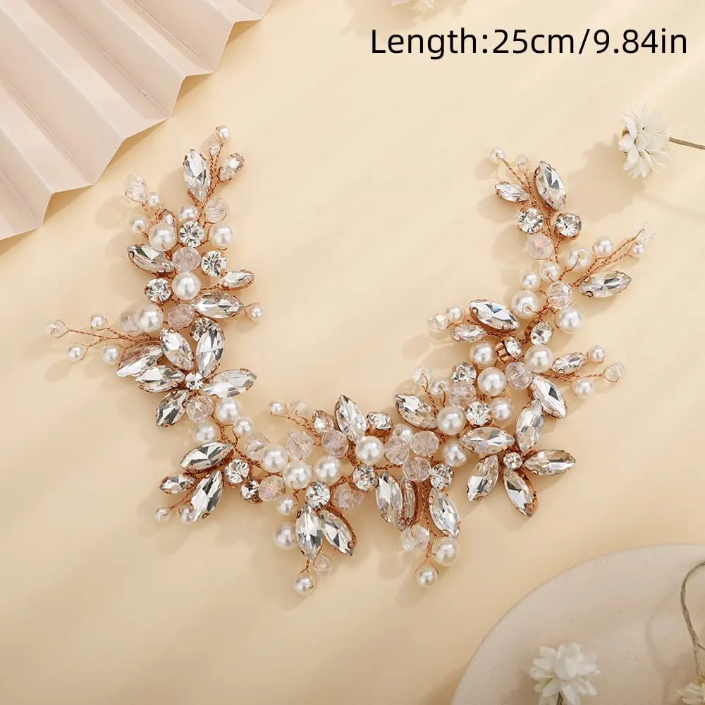 Teyglen Dainty Flower Rhinestones Crystal Headband Bride Wedding Pearls Headband Hair Vine Luxurious Hair Accessories Shiny Bridal Headpieces for Women Girls (Rose Gold)