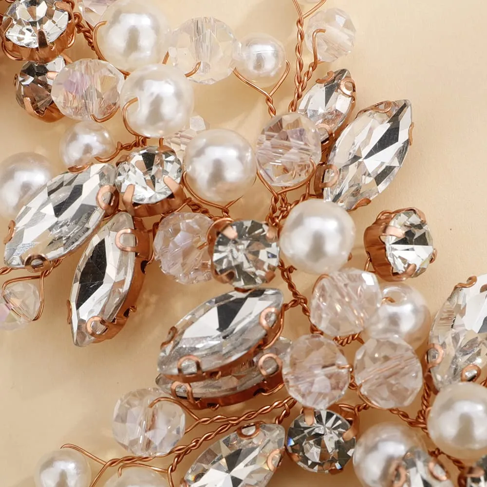 Teyglen Dainty Flower Rhinestones Crystal Headband Bride Wedding Pearls Headband Hair Vine Luxurious Hair Accessories Shiny Bridal Headpieces for Women Girls (Rose Gold)