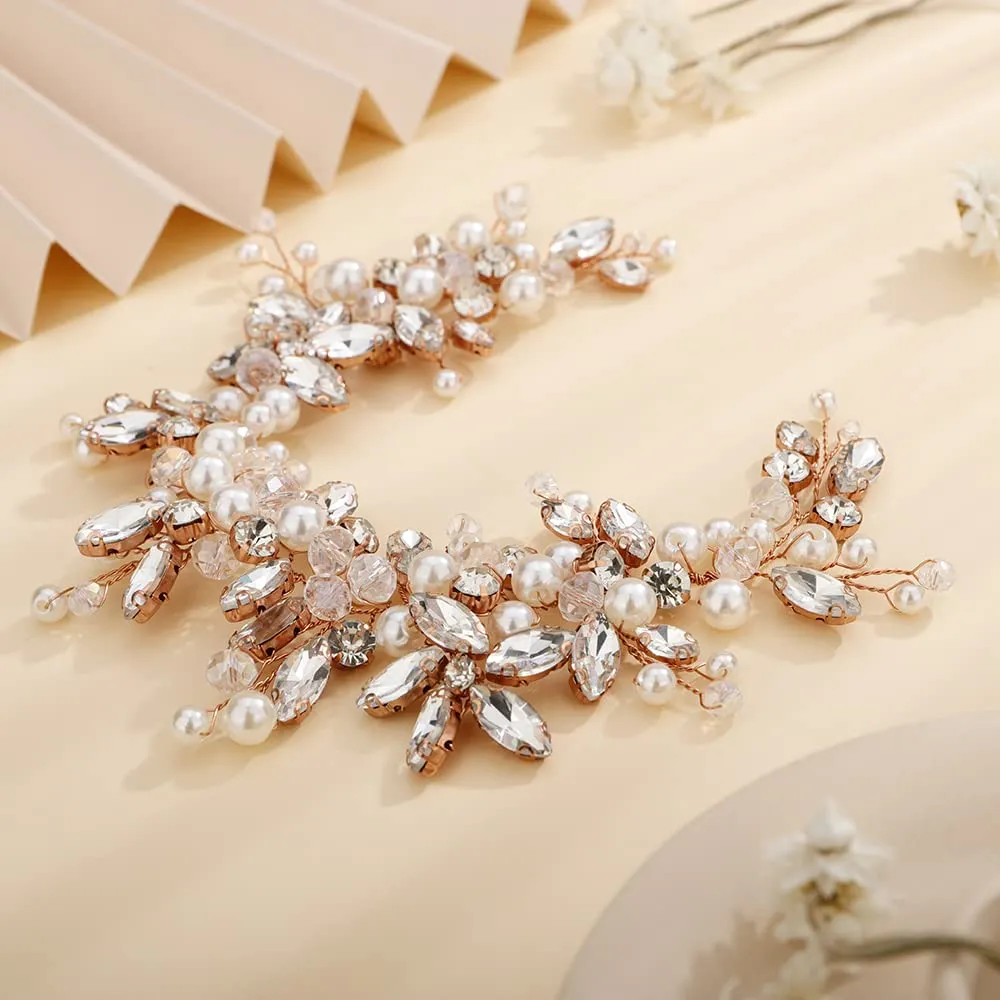 Teyglen Dainty Flower Rhinestones Crystal Headband Bride Wedding Pearls Headband Hair Vine Luxurious Hair Accessories Shiny Bridal Headpieces for Women Girls (Rose Gold)