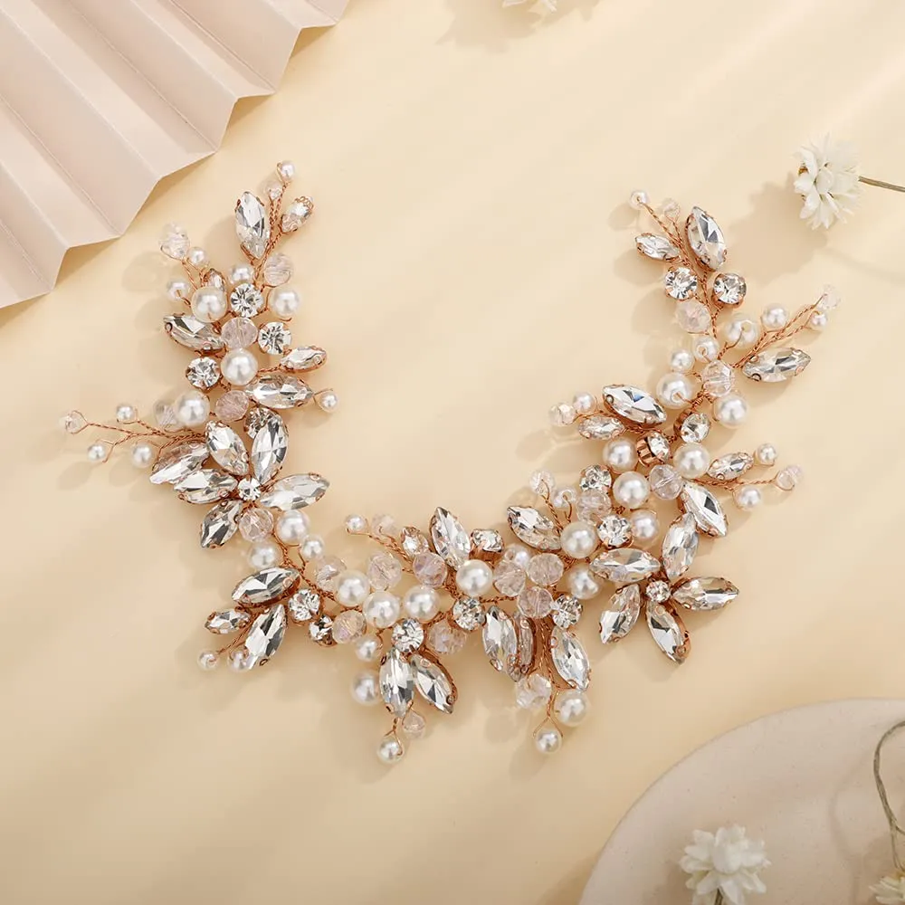 Teyglen Dainty Flower Rhinestones Crystal Headband Bride Wedding Pearls Headband Hair Vine Luxurious Hair Accessories Shiny Bridal Headpieces for Women Girls (Rose Gold)