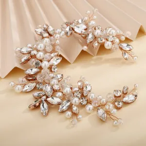 Teyglen Dainty Flower Rhinestones Crystal Headband Bride Wedding Pearls Headband Hair Vine Luxurious Hair Accessories Shiny Bridal Headpieces for Women Girls (Rose Gold)