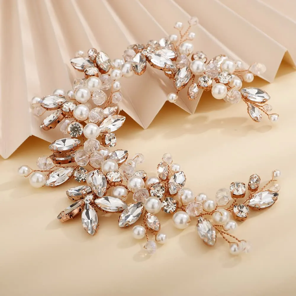 Teyglen Dainty Flower Rhinestones Crystal Headband Bride Wedding Pearls Headband Hair Vine Luxurious Hair Accessories Shiny Bridal Headpieces for Women Girls (Rose Gold)