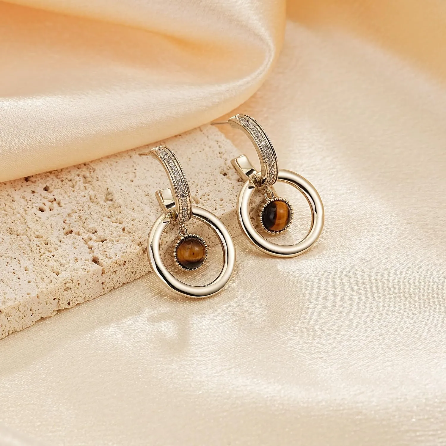 Tiger Eye Stud Earrings for Women Gold Post Earring Round Gemstone Earrings Vintage Elegant Jewelry Boho Earring for Women
