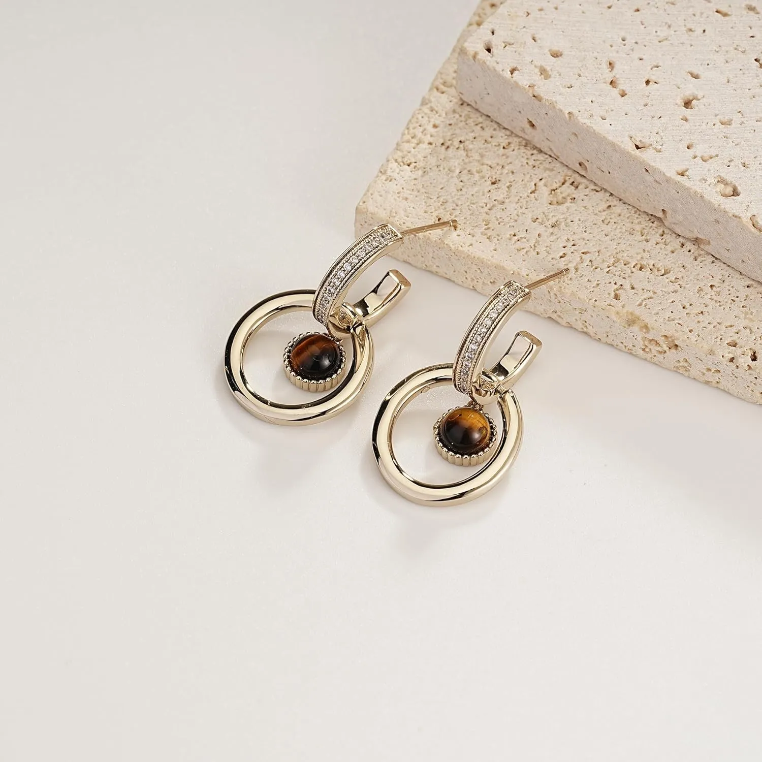 Tiger Eye Stud Earrings for Women Gold Post Earring Round Gemstone Earrings Vintage Elegant Jewelry Boho Earring for Women