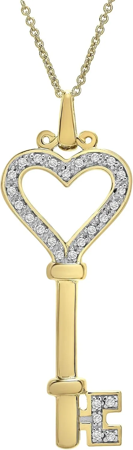 Timeless Love 1/10 CTTW Diamond Heart & Key Pendant Set in Yellow Gold over Sterling Silver or Sterling Silver with 18" Chain, Dainty Jewelry for Women, Luxury Fashion Pendant Necklaces