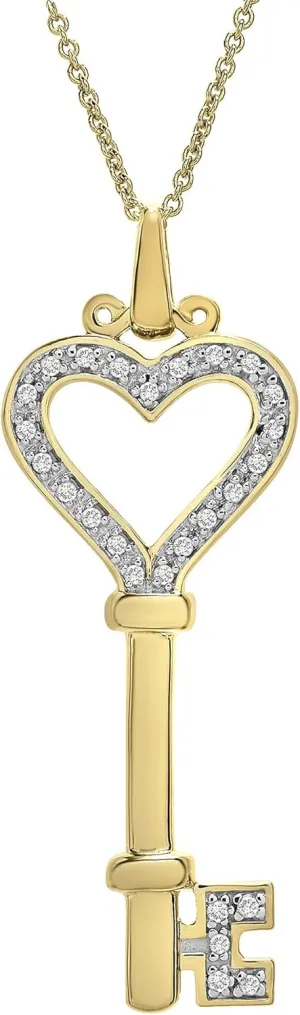 Timeless Love 1/10 CTTW Diamond Heart & Key Pendant Set in Yellow Gold over Sterling Silver or Sterling Silver with 18" Chain, Dainty Jewelry for Women, Luxury Fashion Pendant Necklaces
