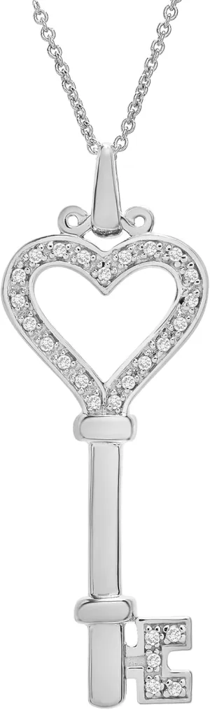 Timeless Love 1/10 CTTW Diamond Heart & Key Pendant Set in Yellow Gold over Sterling Silver or Sterling Silver with 18" Chain, Dainty Jewelry for Women, Luxury Fashion Pendant Necklaces