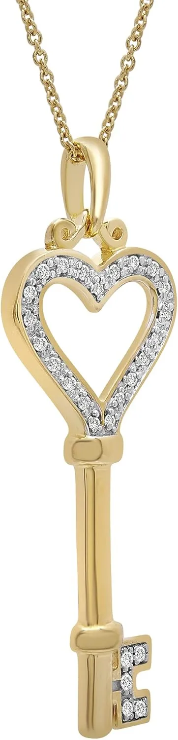 Timeless Love 1/10 CTTW Diamond Heart & Key Pendant Set in Yellow Gold over Sterling Silver or Sterling Silver with 18" Chain, Dainty Jewelry for Women, Luxury Fashion Pendant Necklaces