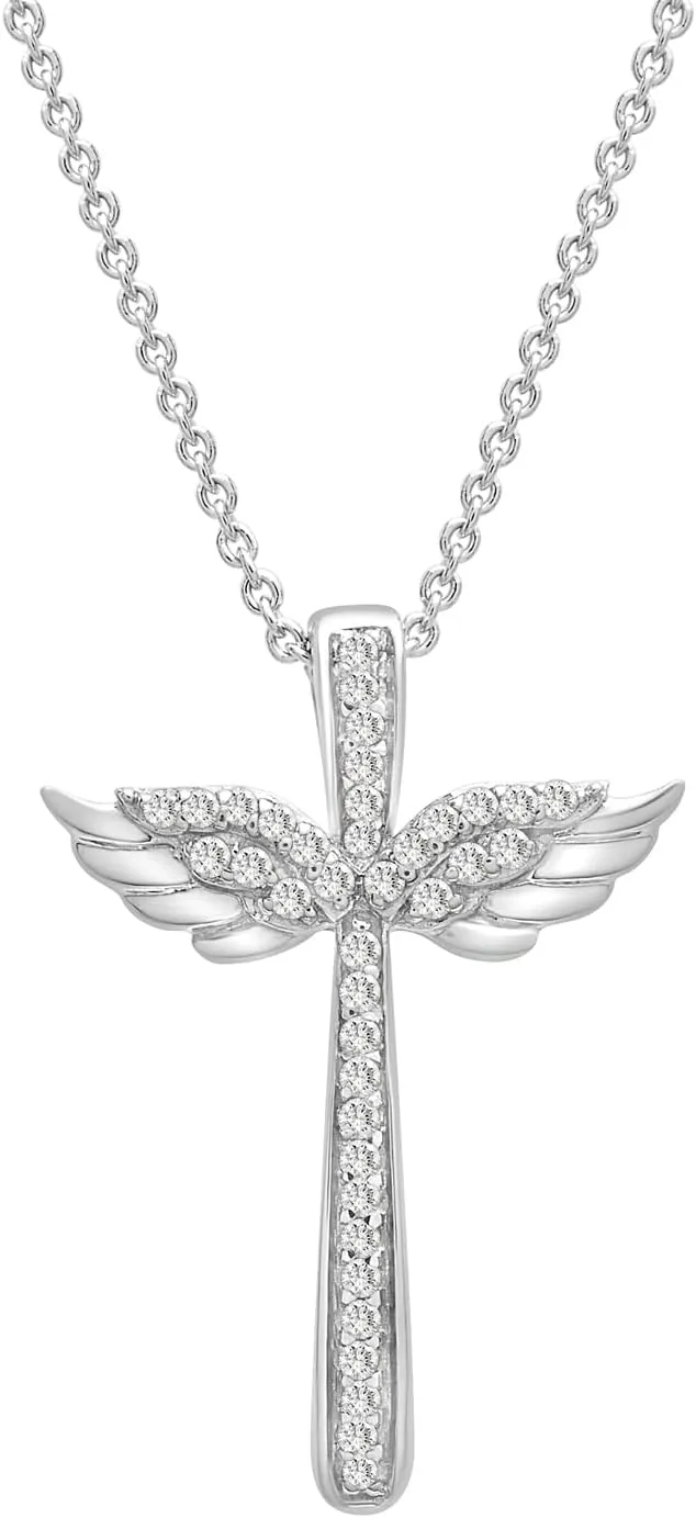 Timeless Love Diamond Cross Necklace for Women, 1/10 CT Diamond Wing Cross Pendant Set in Sterling Silver With 18" Cable Spring Ring, Luxury Fashion Sterling Silver Cross Necklaces for Women