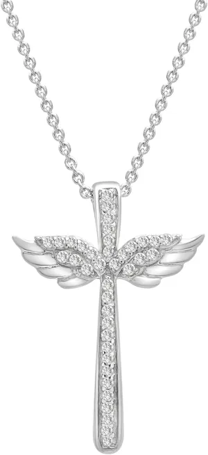 Timeless Love Diamond Cross Necklace for Women, 1/10 CT Diamond Wing Cross Pendant Set in Sterling Silver With 18" Cable Spring Ring, Luxury Fashion Sterling Silver Cross Necklaces for Women