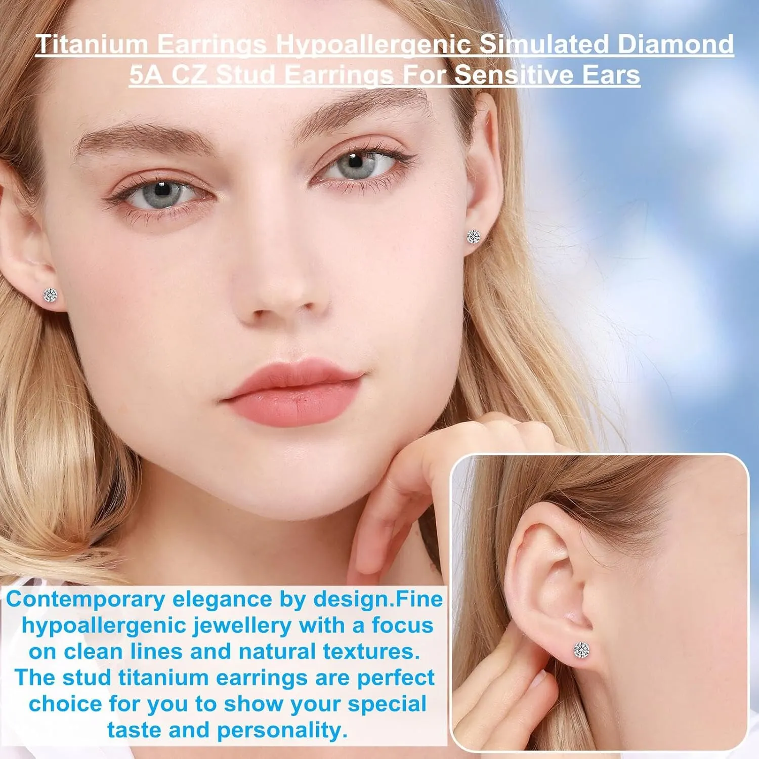 Titanium Earrings, Hypoallergenic for Sensitive Ears Brilliant Cut Simulated Diamond 5mm Cubic Zirconia Stud Earrings for Women Men
