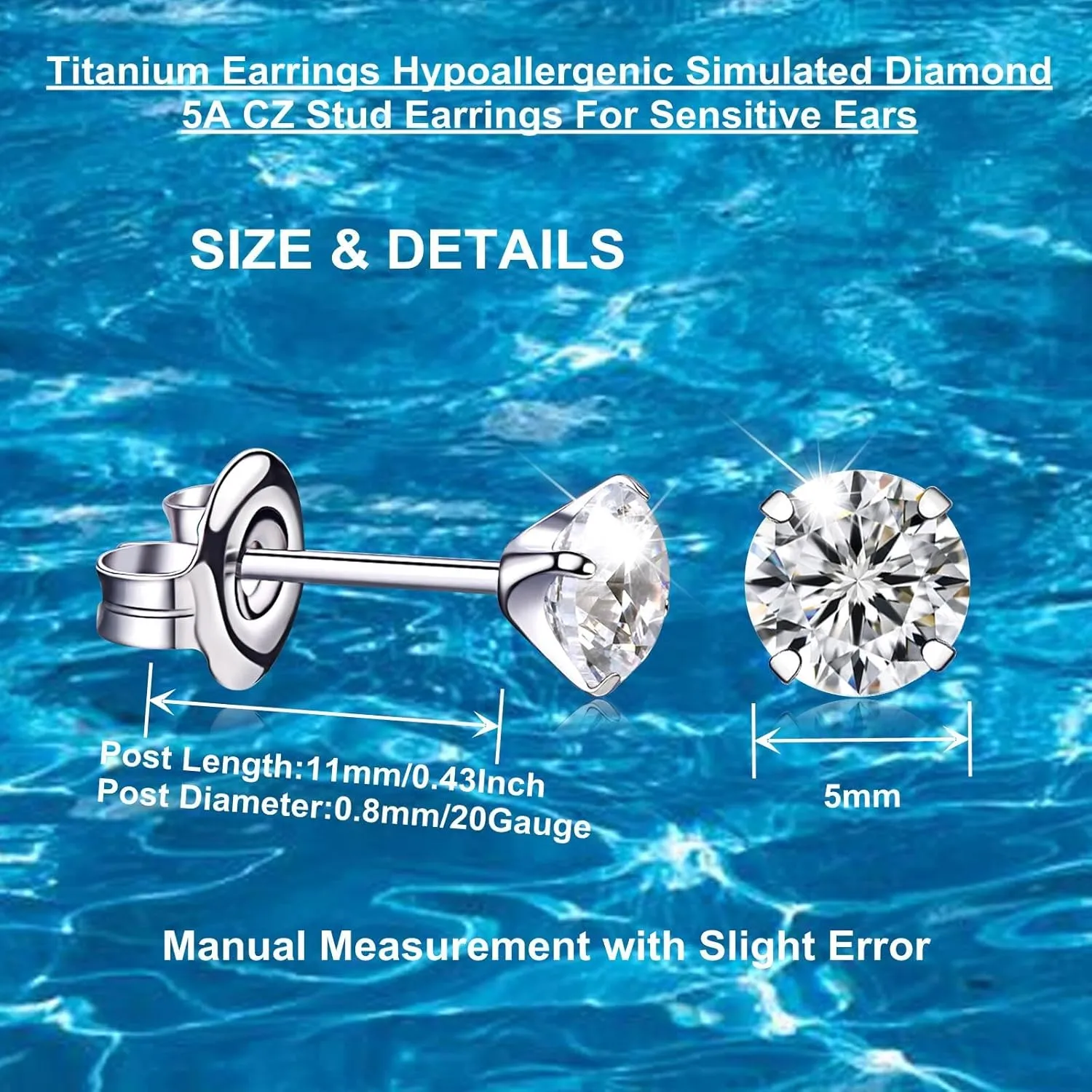 Titanium Earrings, Hypoallergenic for Sensitive Ears Brilliant Cut Simulated Diamond 5mm Cubic Zirconia Stud Earrings for Women Men