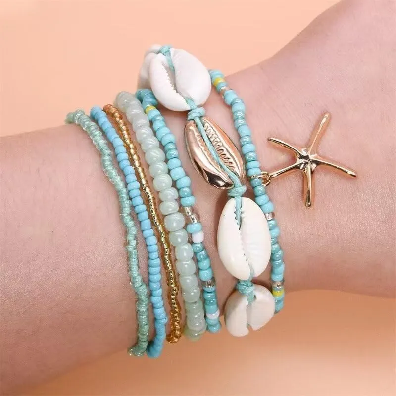 Todu 7-8 Pcs Boho Shell Bracelets Layered Beaded Summer Beach Starfish Bracelets Cute For Women Teen Girls Fashion Jewelry Gifts