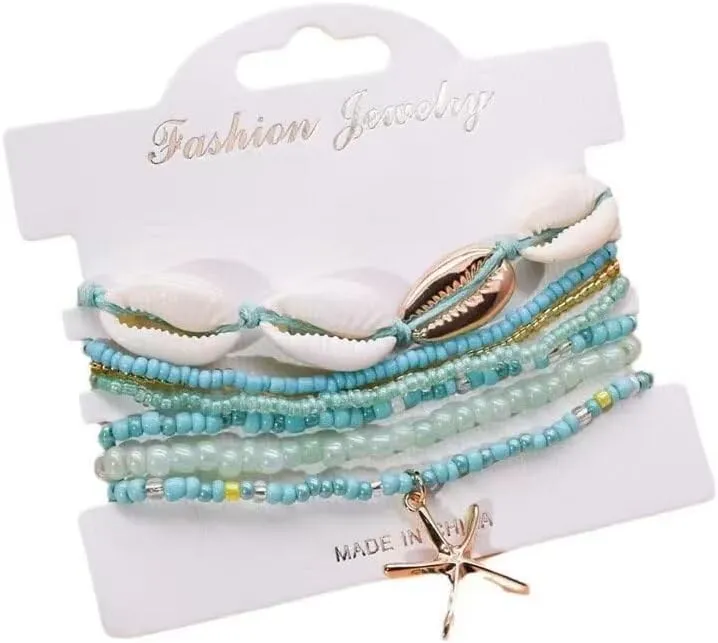 Todu 7-8 Pcs Boho Shell Bracelets Layered Beaded Summer Beach Starfish Bracelets Cute For Women Teen Girls Fashion Jewelry Gifts