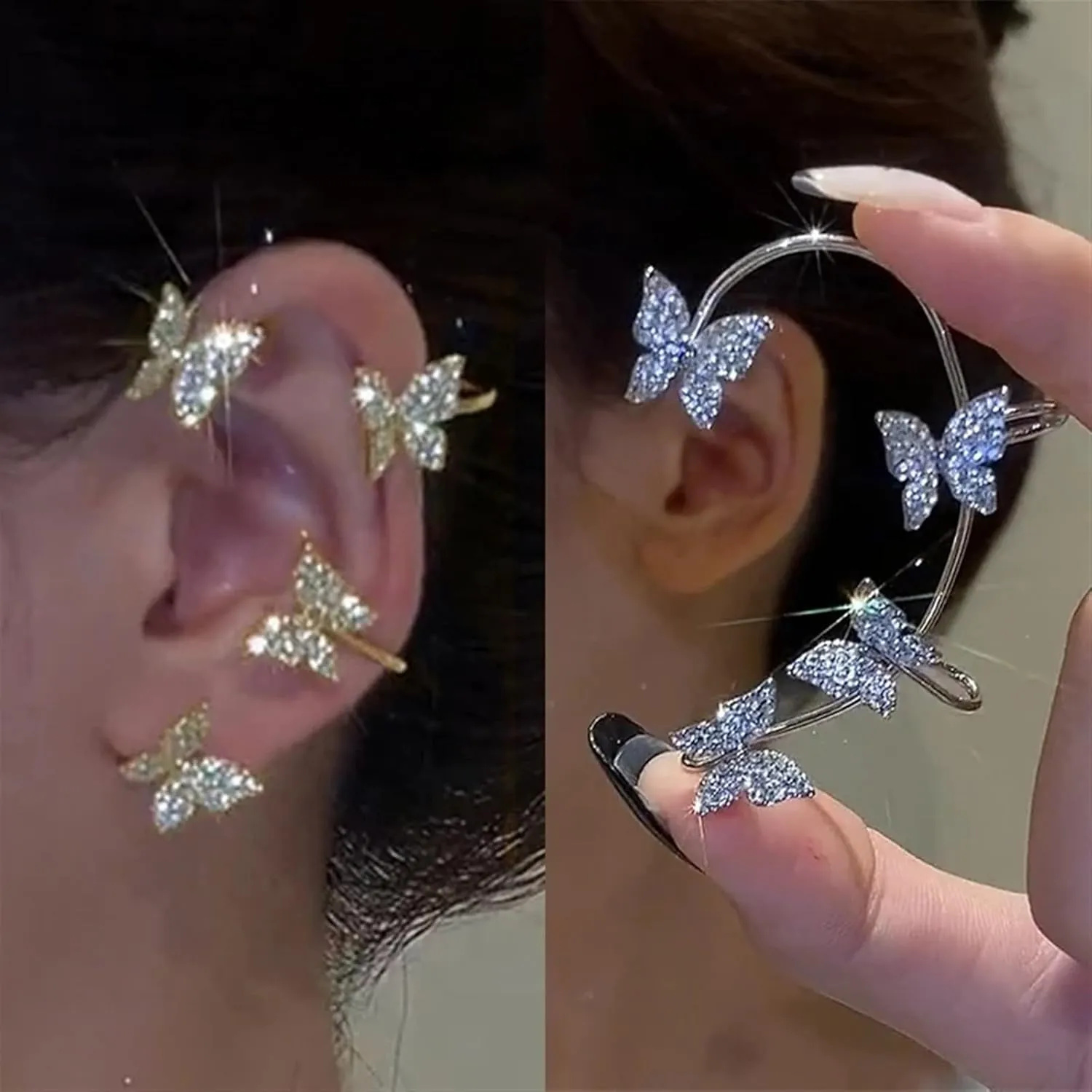 Trendy Silver Metal Ear Clips Without Piercings for Women Shine Zircon Ear Cuff Clip Earrings Wedding Jewelry 1Pair (Color : Silver-Left)