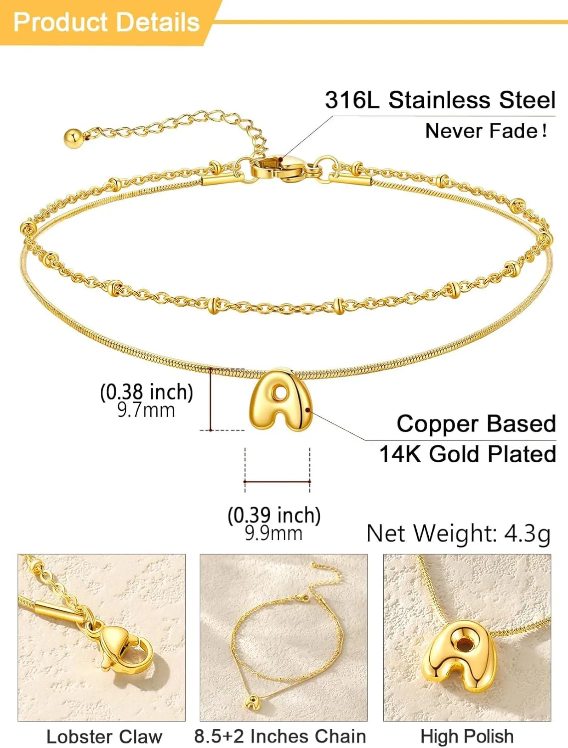 U7 Gold Letter Ankle Bracelets for Women Waterproof,14K Gold Plated Layered Initial Anklets No Tainish,Adjustable Summer Beach Foot Jewelry