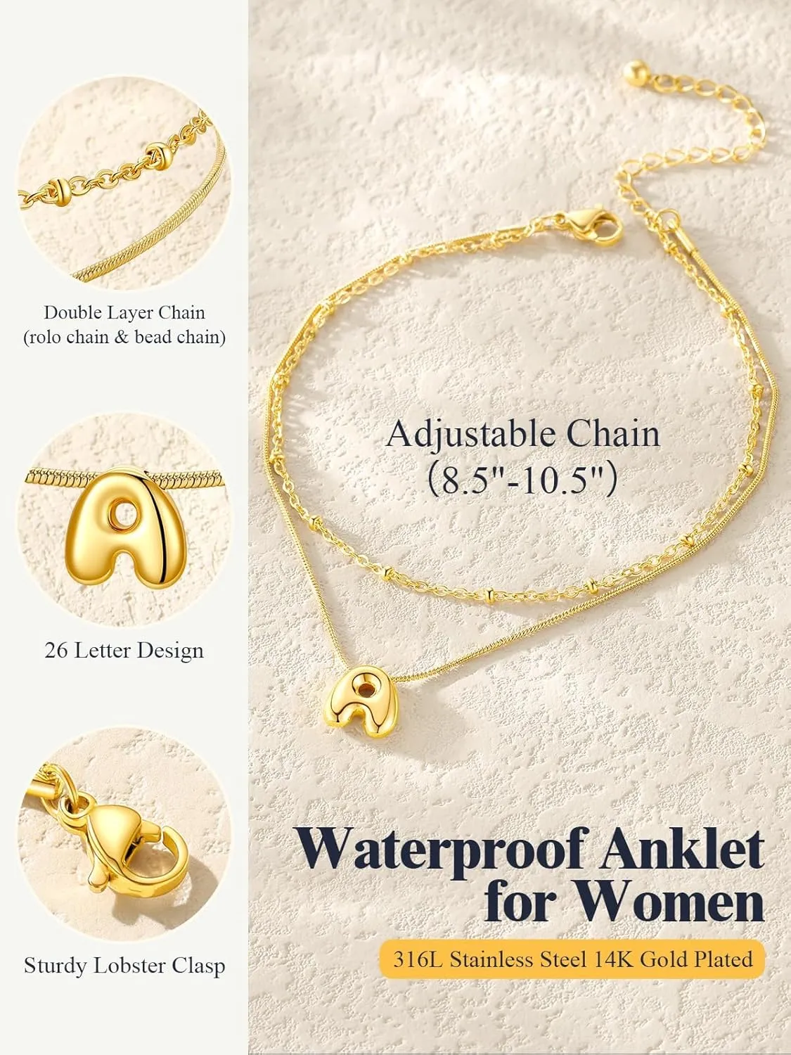 U7 Gold Letter Ankle Bracelets for Women Waterproof,14K Gold Plated Layered Initial Anklets No Tainish,Adjustable Summer Beach Foot Jewelry