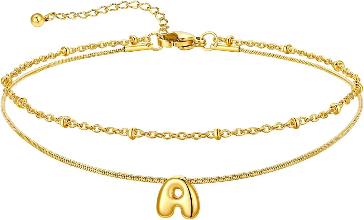 U7 Gold Letter Ankle Bracelets for Women Waterproof,14K Gold Plated Layered Initial Anklets No Tainish,Adjustable Summer Beach Foot Jewelry