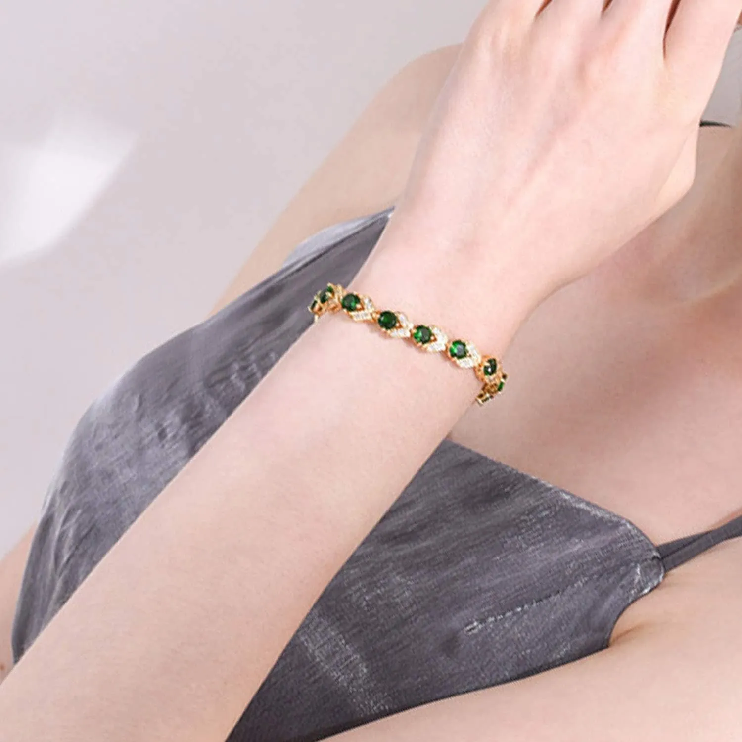 U7 Green Emerald/Blue/Red/Colorful Tennis Bracelets, 18K Gold Plated Platinum Link Chain Diamond Cut Simulated Gem Crystal Bracelet,Resizable Length 6-8 Inches,Wedding Mothers Day Gift for Women