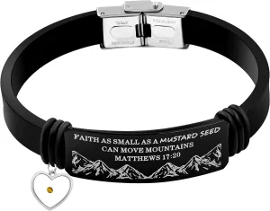 Uloveido Silicone Gel Faith Wristbands Black Stainless Steel Cuff Bangle Engraved with Faith Small AS A Mustard Seed Can Move Mountains Matthews 17:20