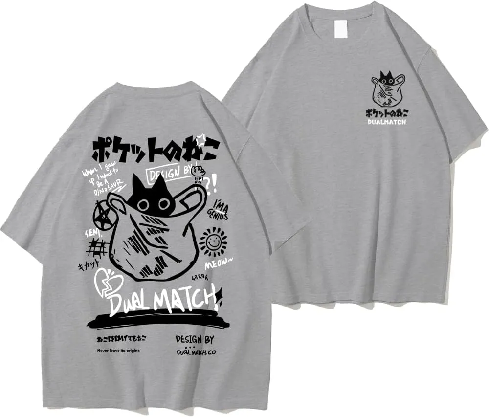 Unisex Cartoon T-Shirts Harajuku Kawaii Cat Letter Printed Short Sleeve Tees Couple Loose Clothes Y2K Tops