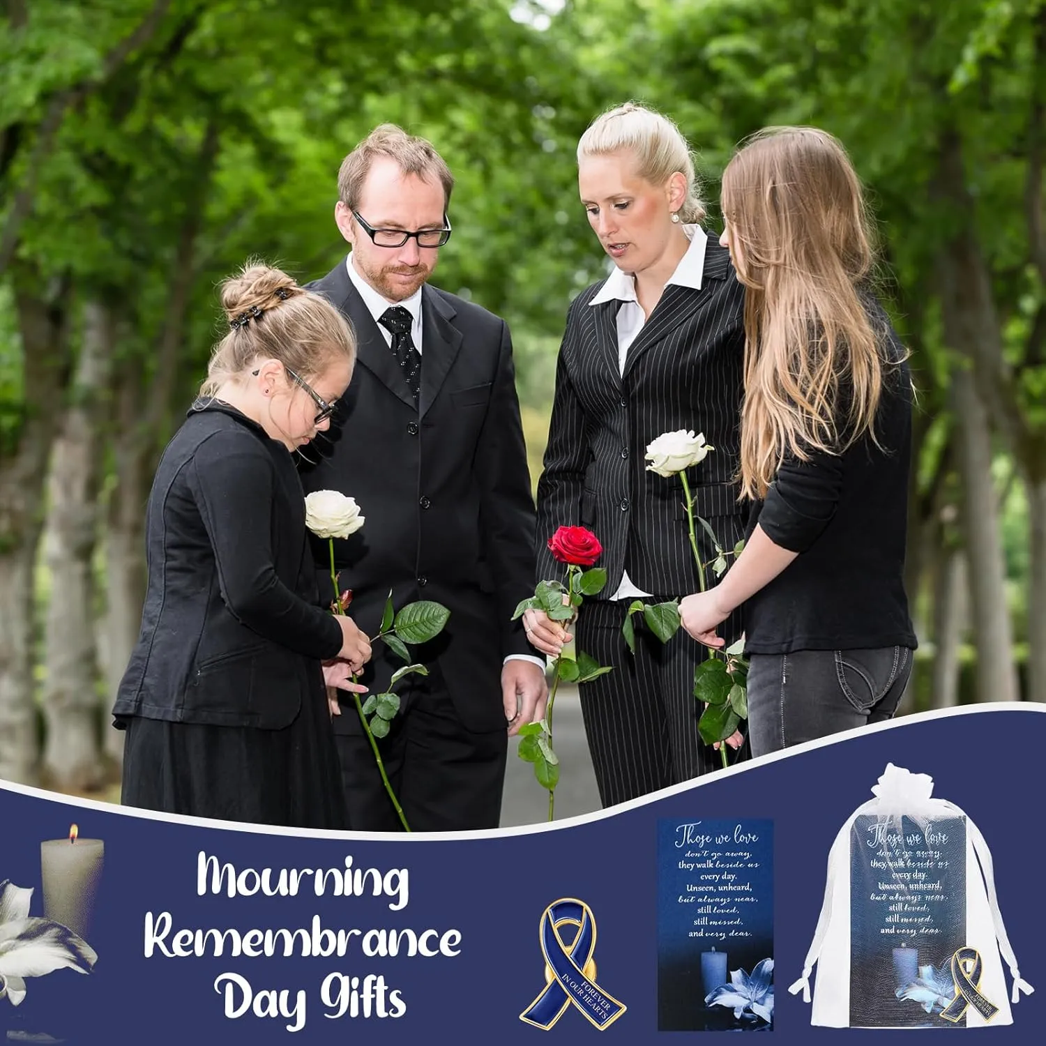 Unittype 60 Set Funeral Ribbon Pins Awareness Lapel Pin Remembrance Ribbon Brooch with Prayer Cards Organza Bags