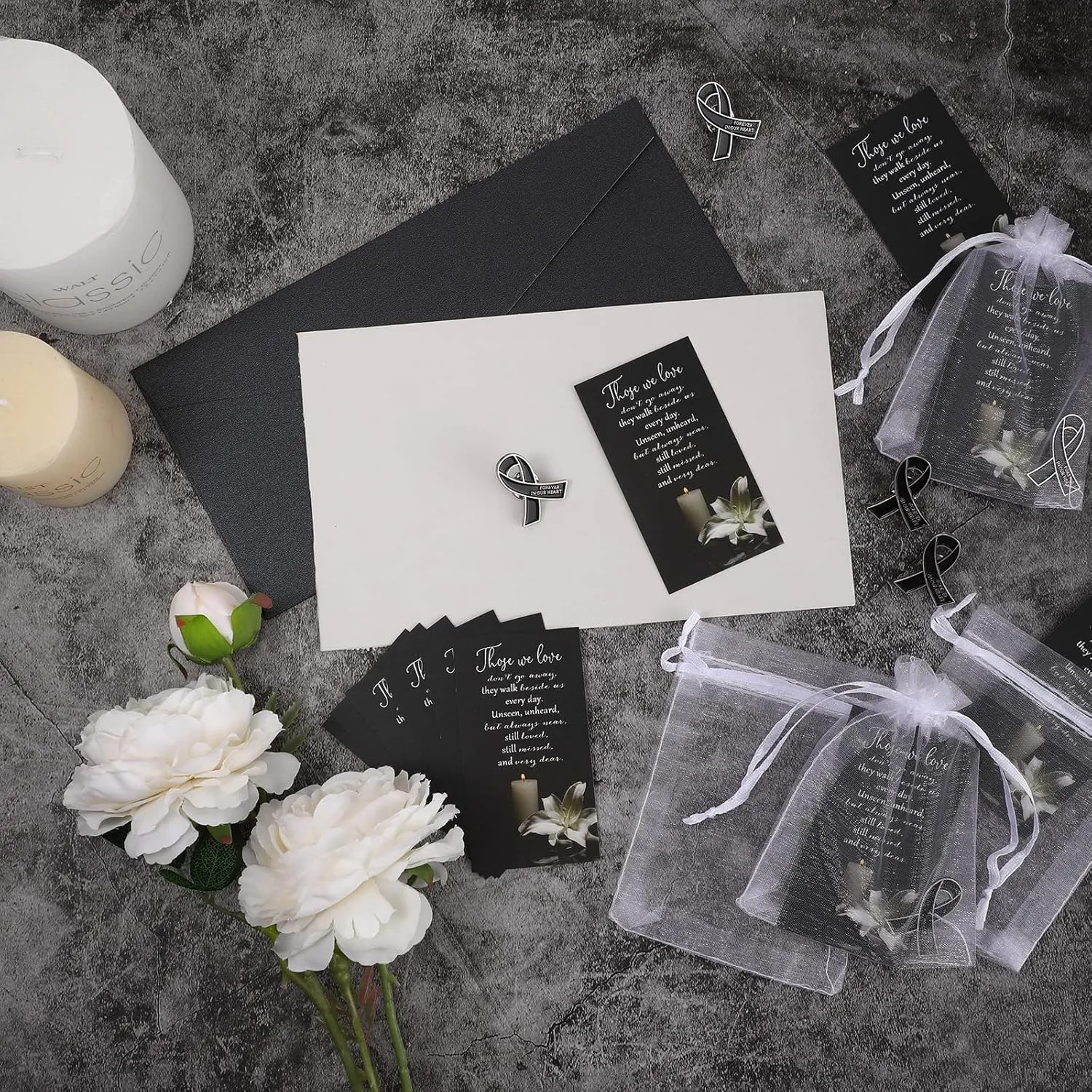 Unittype 60 Set Funeral Ribbon Pins Awareness Lapel Pin Remembrance Ribbon Brooch with Prayer Cards Organza Bags