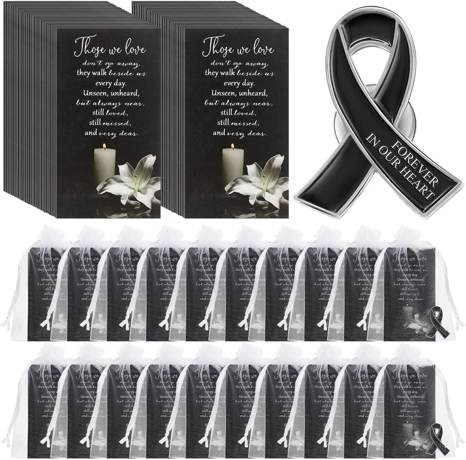 Unittype 60 Set Funeral Ribbon Pins Awareness Lapel Pin Remembrance Ribbon Brooch with Prayer Cards Organza Bags