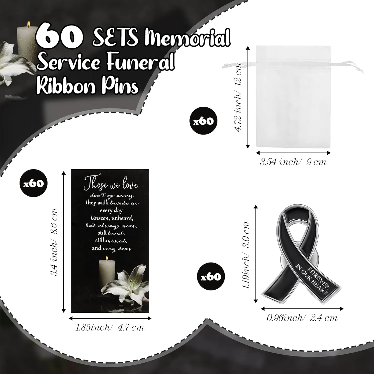 Unittype 60 Set Funeral Ribbon Pins Awareness Lapel Pin Remembrance Ribbon Brooch with Prayer Cards Organza Bags