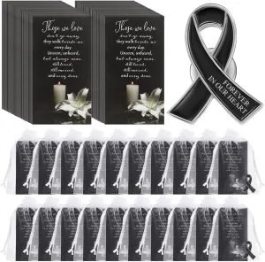Unittype 60 Set Funeral Ribbon Pins Awareness Lapel Pin Remembrance Ribbon Brooch with Prayer Cards Organza Bags