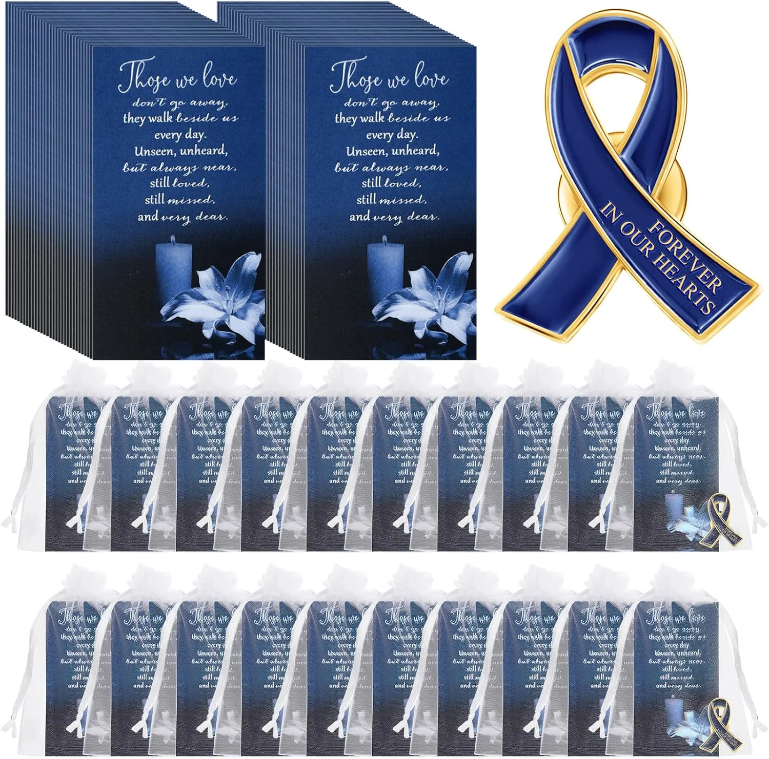 Unittype 60 Set Funeral Ribbon Pins Awareness Lapel Pin Remembrance Ribbon Brooch with Prayer Cards Organza Bags