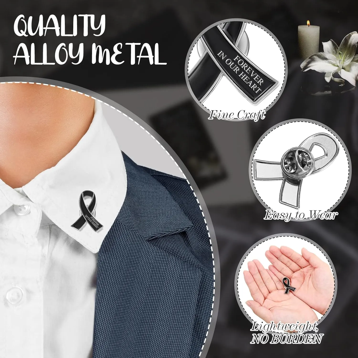Unittype 60 Set Funeral Ribbon Pins Awareness Lapel Pin Remembrance Ribbon Brooch with Prayer Cards Organza Bags